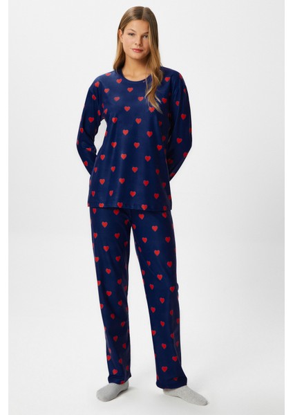 Kadın Ely Premium Bisiklet Yaka Lacivert Kalp Süet Doku Yılbaşı Pijama Takımı