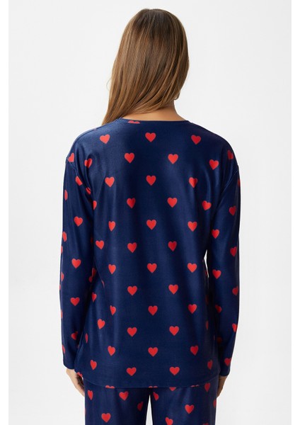 Kadın Ely Premium Bisiklet Yaka Lacivert Kalp Süet Doku Yılbaşı Pijama Takımı