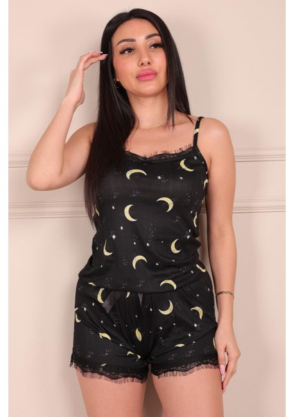 Ay Desenli Ip Askılı Şortlu Pegasus Pijama Takımı Siyah