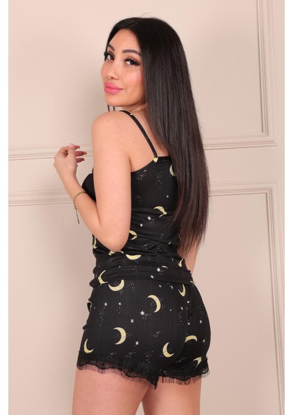 Ay Desenli Ip Askılı Şortlu Pegasus Pijama Takımı Siyah modelleri