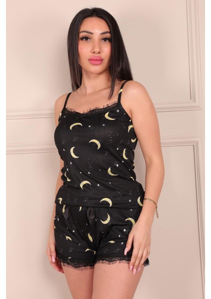 Ay Desenli Ip Askılı Şortlu Pegasus Pijama Takımı Siyah fırsatları
