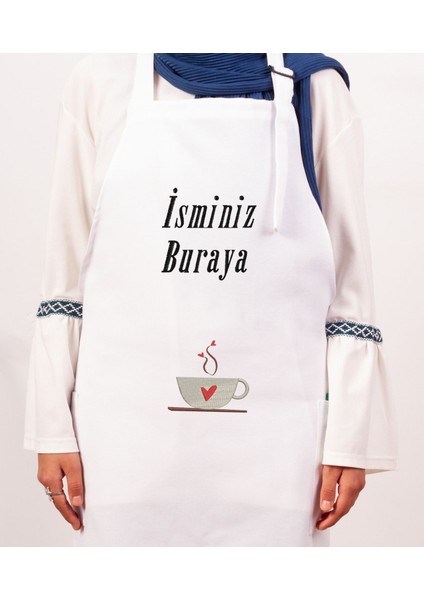 Mutfak Önlüğü Kişiye ve İsme Özel Nakışlı Mutfak Önlüğü Kalpli Kupa Farklı Renkler