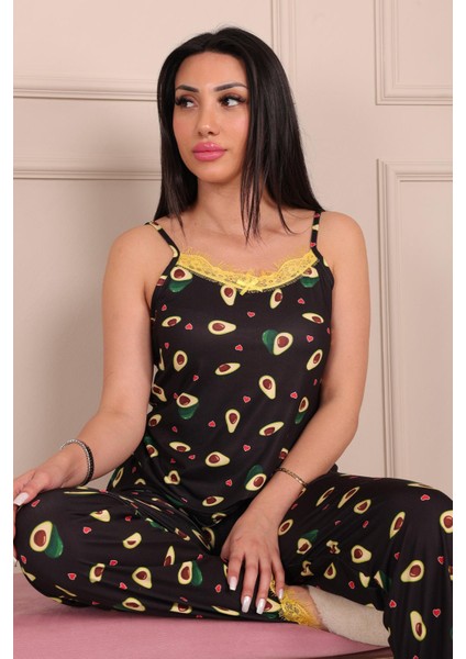Kadın Avokado Desenli Ip Askılı Altı Uzun Milan Pijama Takımı