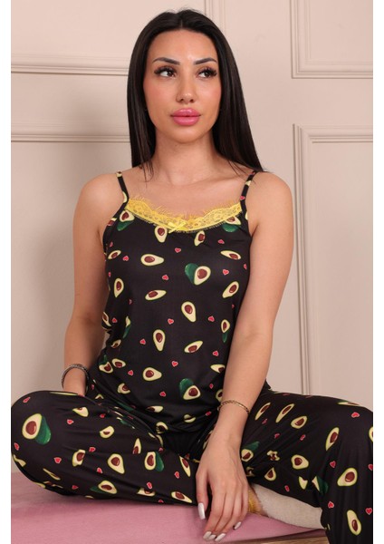 Kadın Avokado Desenli Ip Askılı Altı Uzun Milan Pijama Takımı fiyatları