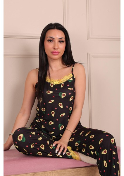Kadın Avokado Desenli Ip Askılı Altı Uzun Milan Pijama Takımı fırsatları
