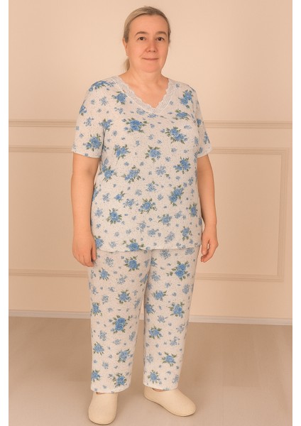 Kadın Desenli Dantel Yaka Kısa Kol Altı Uzun Penye Anne Pijama Takım
