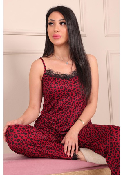 Kadın Leopar Desenli Ip Askılı Altı Uzun Pegasus Pijama Takımıı Bordo