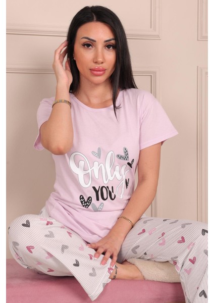 Kadın Only You Sloganlı Kısa Kol Penye Pijama Takımı Pudra