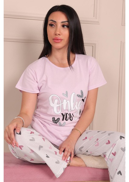 Kadın Only You Sloganlı Kısa Kol Penye Pijama Takımı Pudra fiyatları