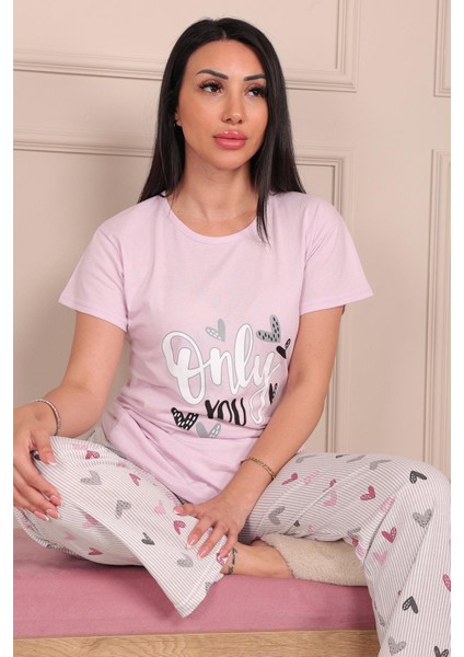 Kadın Only You Sloganlı Kısa Kol Penye Pijama Takımı Pudra modelleri
