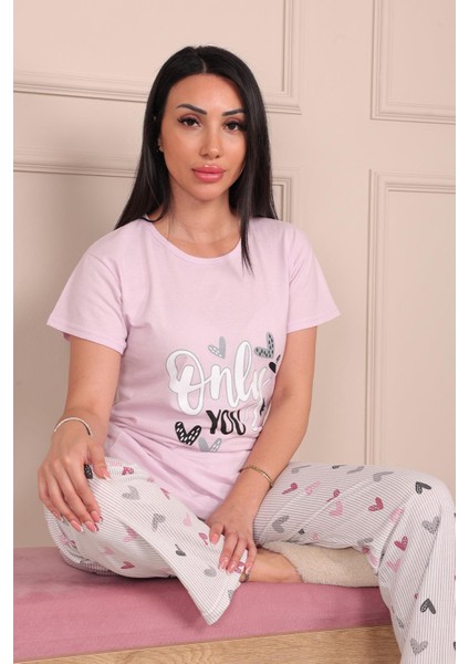 Kadın Only You Sloganlı Kısa Kol Penye Pijama Takımı Pudra fırsatları