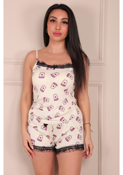 Bardak Desenli Ip Askılı Şortlu Pegasus Pijama Takımı Sarı