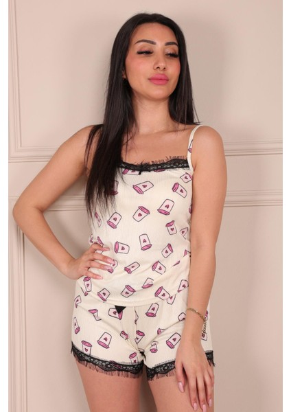 Bardak Desenli Ip Askılı Şortlu Pegasus Pijama Takımı Sarı modelleri