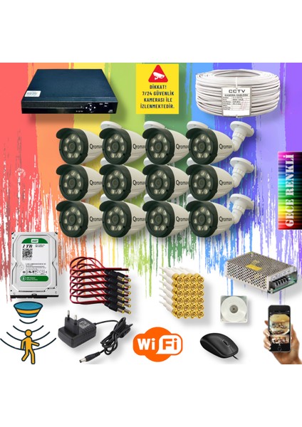 12 Kameralı Set - Gece Renkli Gösteren Hareket Algılayan 5 Mp Sony Lensli 1080p Full Hd Güvenlik Kamerası Seti 3908w