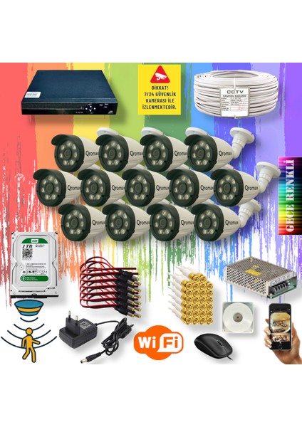 13 Kameralı Set - Gece Renkli Gösteren Hareket Algılayan 5 Mp Sony Lensli 1080p Full Hd Güvenlik Kamerası Seti 3908w