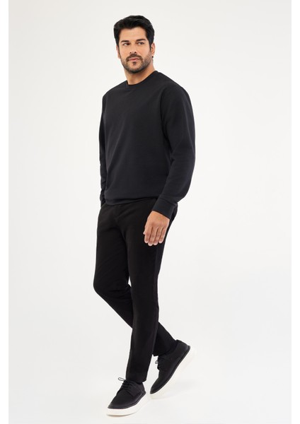 Erkek Siyah Standart Fit Normal Kesim 2 İplik Recycle Pamuklu Bisiklet Yaka Sweatshirt