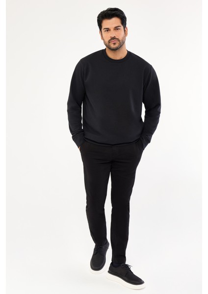 Erkek Siyah Standart Fit Normal Kesim 2 İplik Recycle Pamuklu Bisiklet Yaka Sweatshirt modelleri