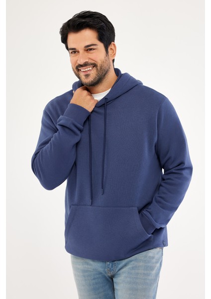 Erkek Lacivert Standart Fit Normal Kesim Içi Polarlı 3 Iplik Kapüşonlu Pamuklu Sweatshirt