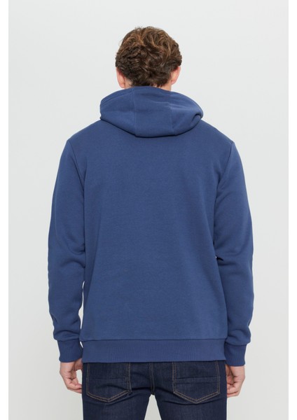 Erkek Lacivert Standart Fit Normal Kesim Içi Polarlı 3 Iplik Kapüşonlu Pamuklu Sweatshirt