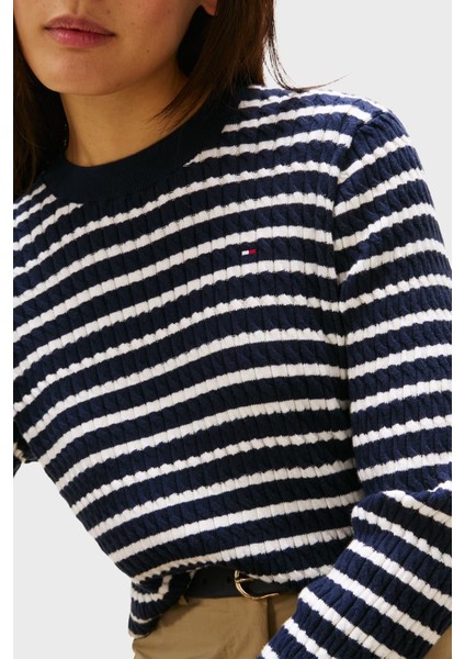 % 100 Pamuk Regular Fit Bisiklet Yaka Çizgili Kazak Bayan Kazak WW0WW44993 0bb fırsatları