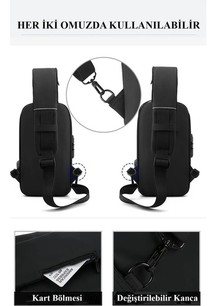 Unisex Siyah USB Çıkışlı Anti Hırsız Kilitli Suya Dayanıklı Çapraz Göğüs Omuz ve Bel Çanta fırsatları