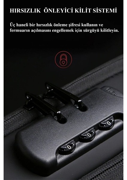 Unisex Siyah USB Çıkışlı Anti Hırsız Kilitli Suya Dayanıklı Çapraz Göğüs Omuz ve Bel Çanta