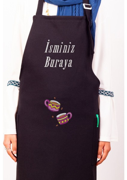 Mutfak Önlüğü Kişiye ve İsme Özel Nakışlı Mutfak Önlüğü Ikili Kupa Farklı Renkler