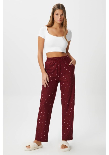Kadın Teddi Ultra Yumuşak Cepli Bordo Kalp Desen Yılbaşı Pijama Altı