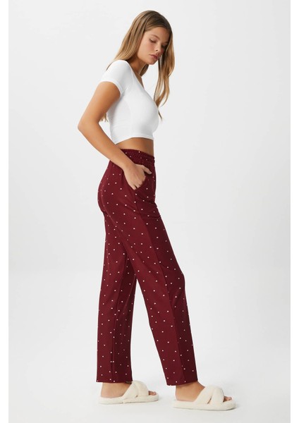 Kadın Teddi Ultra Yumuşak Cepli Bordo Kalp Desen Yılbaşı Pijama Altı modelleri