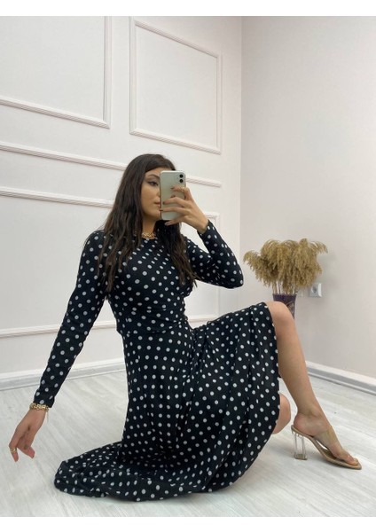 Kadın Krep Kumaş Uzun Kollu Tam Boy Puantiyeli Elbise 132 Cm indirimleri