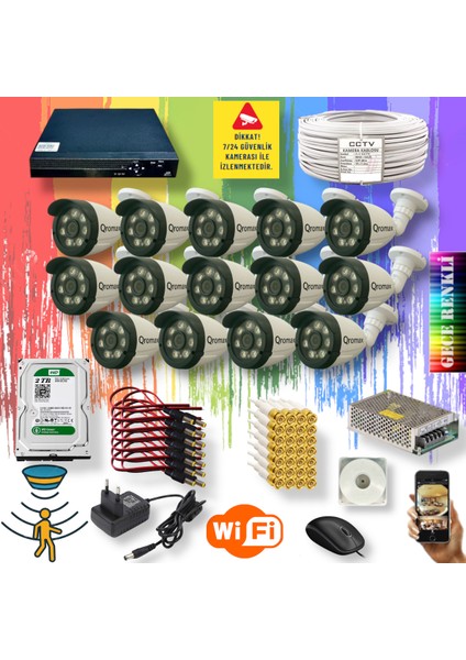 14 Kameralı Set - Gece Renkli Gösteren Hareket Algılayan 5 Mp Sony Lensli 1080p Full Hd Güvenlik Kamerası Seti 3908w