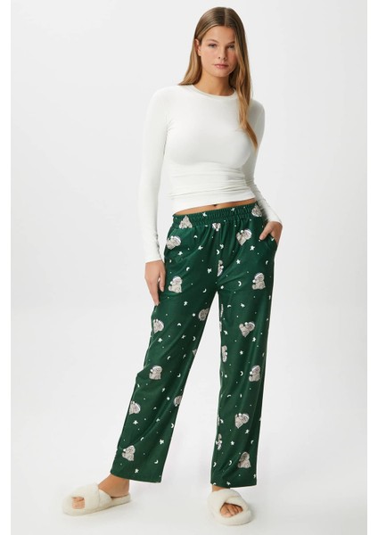 Kadın Teddi Ultra Yumuşak Cepli Yeşil Ayıcık Desen Yılbaşı Pijama Altı fiyatları