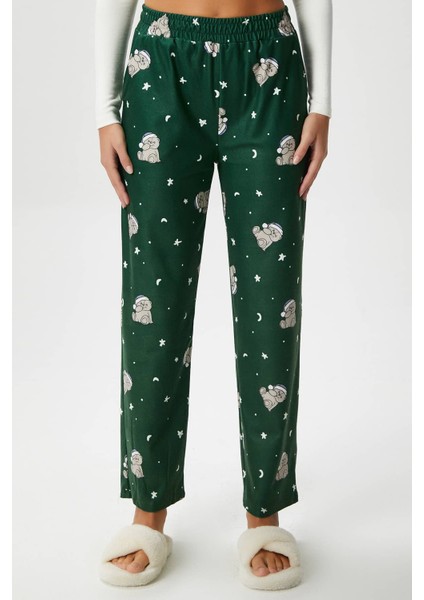Kadın Teddi Ultra Yumuşak Cepli Yeşil Ayıcık Desen Yılbaşı Pijama Altı modelleri
