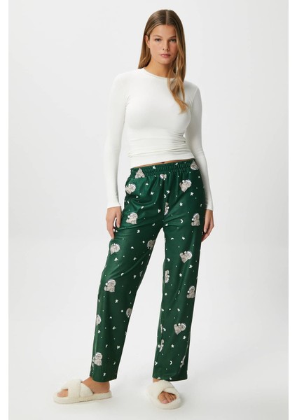Kadın Teddi Ultra Yumuşak Cepli Yeşil Ayıcık Desen Yılbaşı Pijama Altı indirimleri