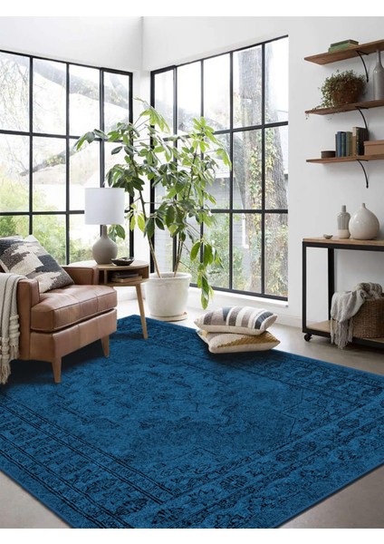 Vitage Mavi Göbekli Eskitme Model Dokuma Taban Kilim