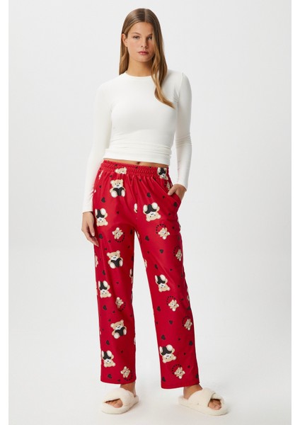 Kadın Teddi Ultra Yumuşak Cepli Kırmızı Ayıcık Desen Yılbaşı Pijama Altı