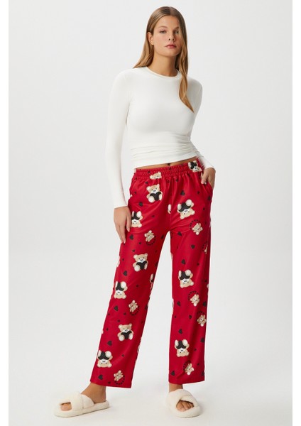 Kadın Teddi Ultra Yumuşak Cepli Kırmızı Ayıcık Desen Yılbaşı Pijama Altı