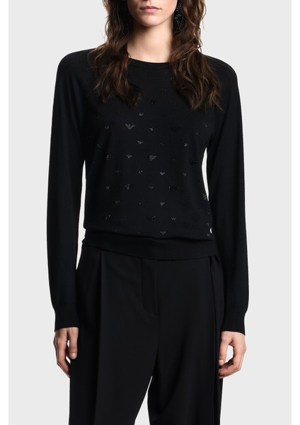 Taşlı Logolu Yünlü Regular Fit Bisiklet Yaka Kazak Bayan Kazak EW001263 AF19176 FC012