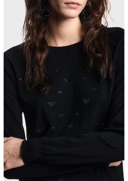 Taşlı Logolu Yünlü Regular Fit Bisiklet Yaka Kazak Bayan Kazak EW001263 AF19176 FC012 fırsatları