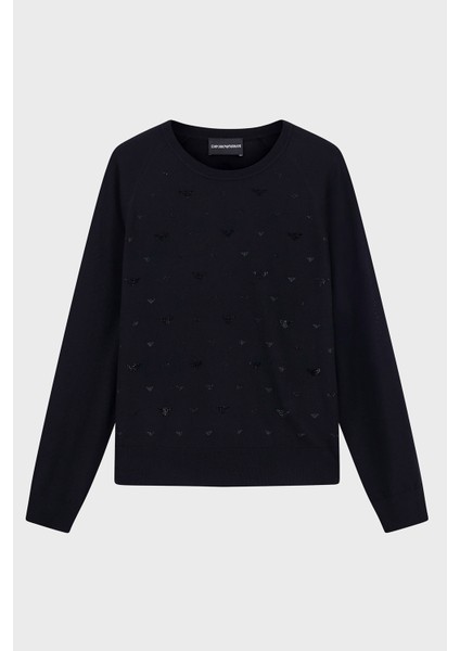 Taşlı Logolu Yünlü Regular Fit Bisiklet Yaka Kazak Bayan Kazak EW001263 AF19176 FC012 indirimleri