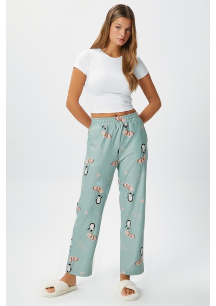 Kadın Teddi Ultra Yumuşak Cepli Mint Penguen Desen Yılbaşı Pijama Altı