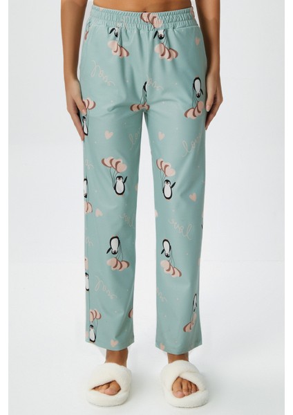 Kadın Teddi Ultra Yumuşak Cepli Mint Penguen Desen Yılbaşı Pijama Altı modelleri