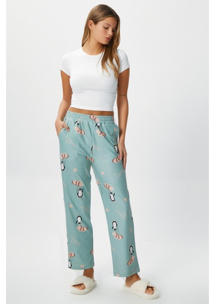 Kadın Teddi Ultra Yumuşak Cepli Mint Penguen Desen Yılbaşı Pijama Altı fırsatları