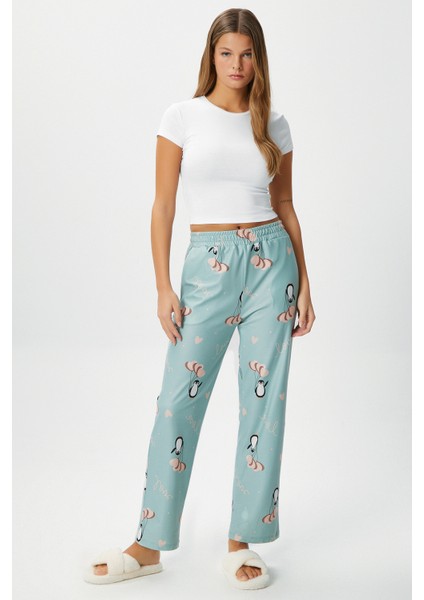 Kadın Teddi Ultra Yumuşak Cepli Mint Penguen Desen Yılbaşı Pijama Altı indirimleri