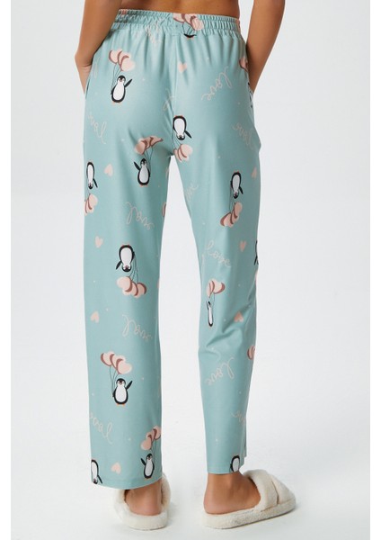 Kadın Teddi Ultra Yumuşak Cepli Mint Penguen Desen Yılbaşı Pijama Altı