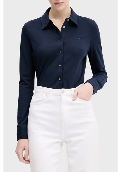 Logolu Pamuklu Slim Fit Uzun Kollu Gömlek Bayan Gömlek WW0WW43528 C1G