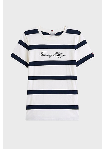 Çizgili % 100 Pamuk Regular Fit Bisiklet Yaka T Shirt Bayan T Shirt WW0WW45746 0y5 indirimleri
