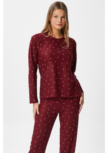 Kadın Ely Premium Bisiklet Yaka Bordo Kalp Süet Doku Yılbaşı Pijama Takımı