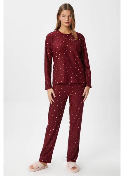 Kadın Ely Premium Bisiklet Yaka Bordo Kalp Süet Doku Yılbaşı Pijama Takımı fiyatları