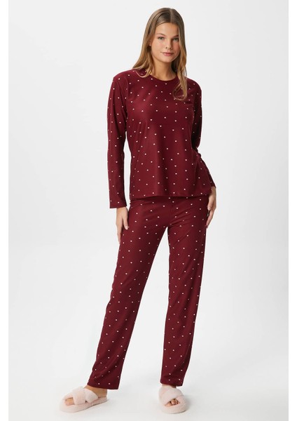 Kadın Ely Premium Bisiklet Yaka Bordo Kalp Süet Doku Yılbaşı Pijama Takımı modelleri